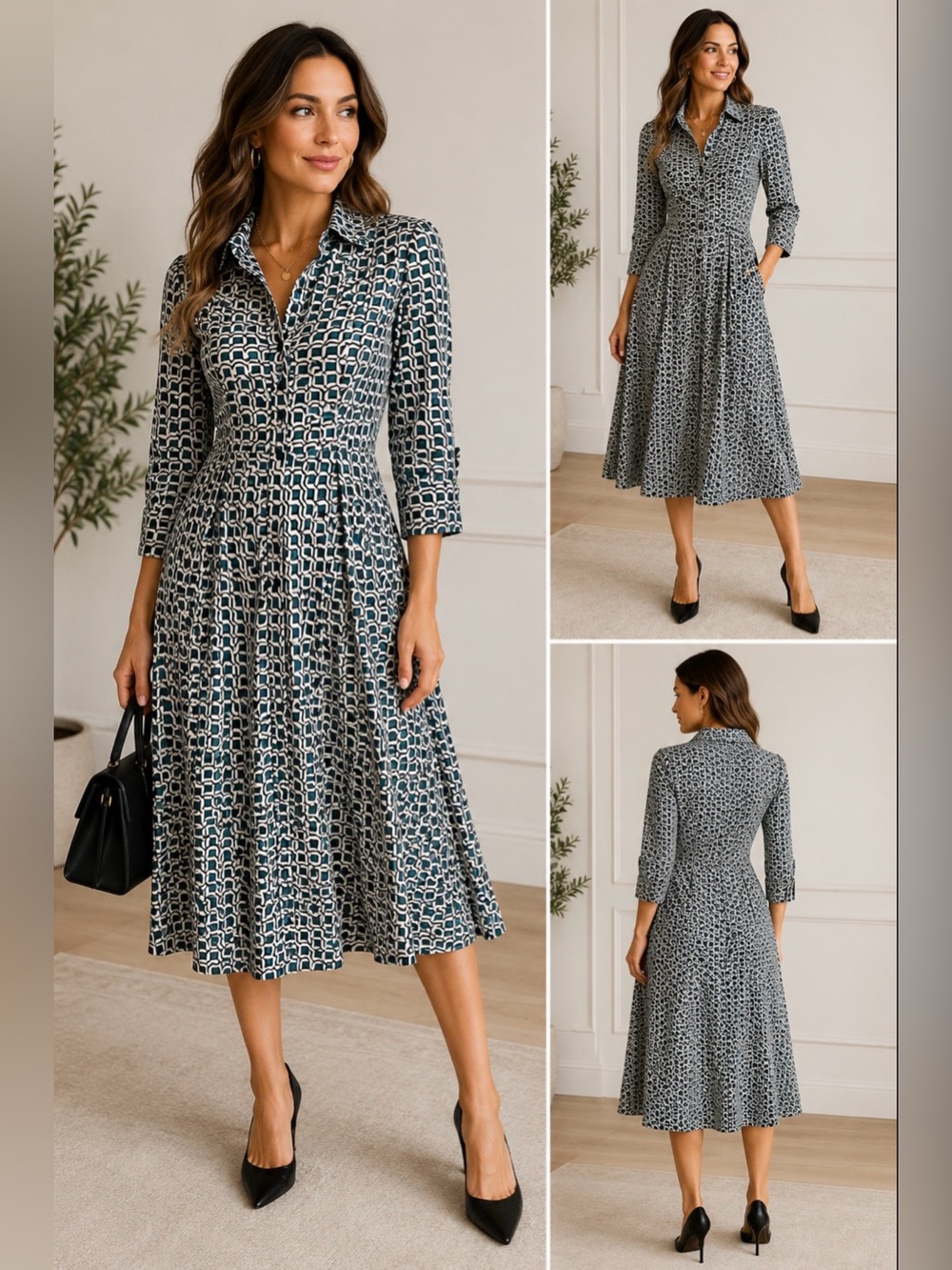 BOSS Hugo Boss Silk Geometric Print Button Front Midi Shirt Dress Size 0